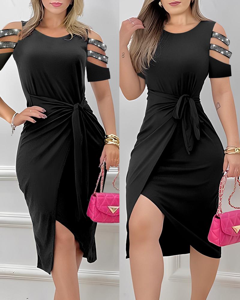 

Rhinestone Cutout Draped Cold Shoulder Bodycon Dress, Black