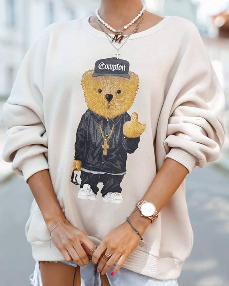 

Cartoon Print Long Sleeve Sweatshirt, Apricot