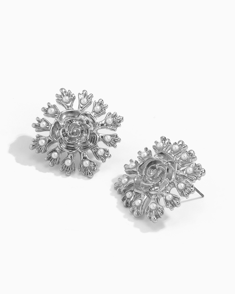 

1Pair Floral Rose Pattern Beaded Decor Earrings, Silver
