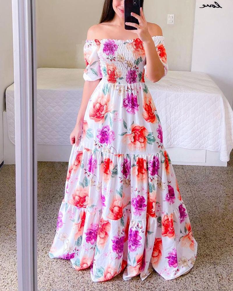 

Floral Print Off Shoulder Shirred Maxi Dress, Multicolor
