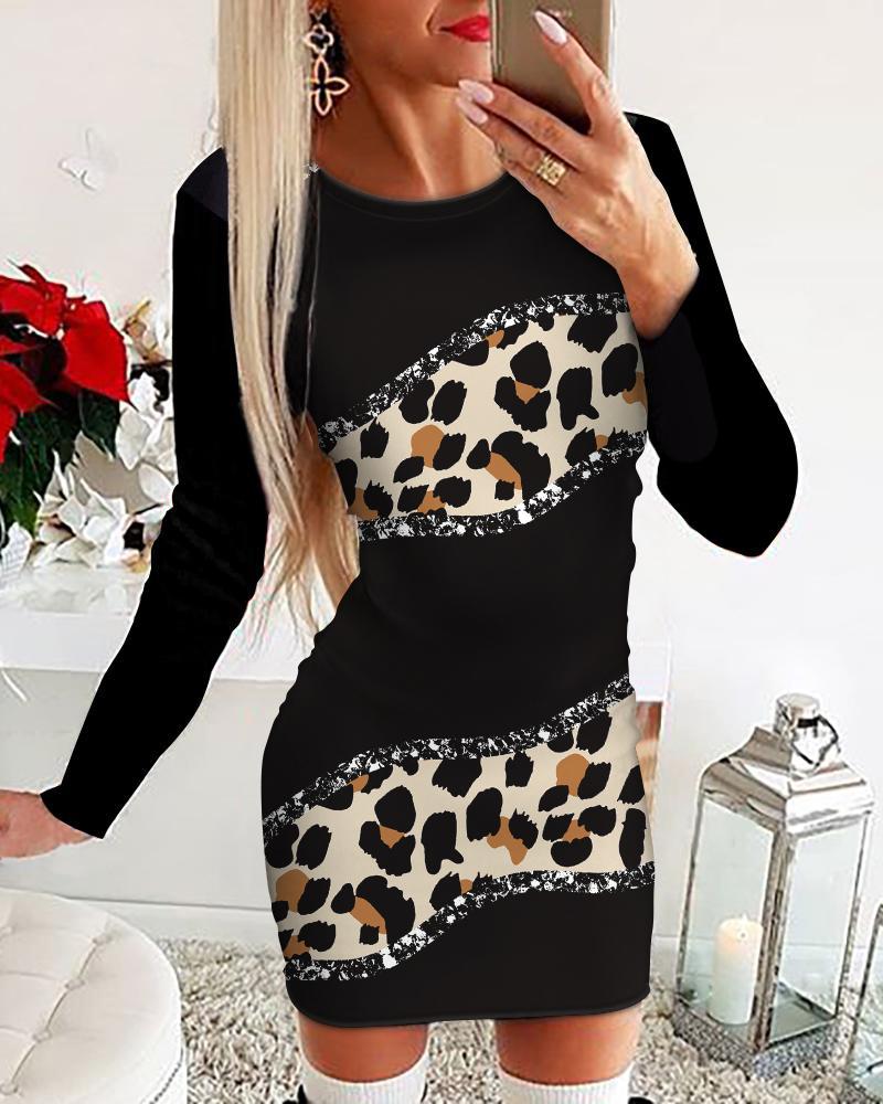 

Contrast Leopard Long Sleeve Bodycon Dress, Black