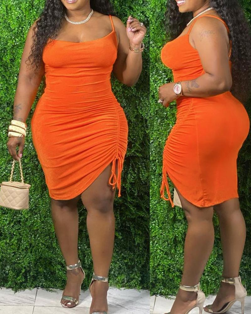 

Plain Square Neck Drawstring Ruched Cami Bodycon Dress, Orange