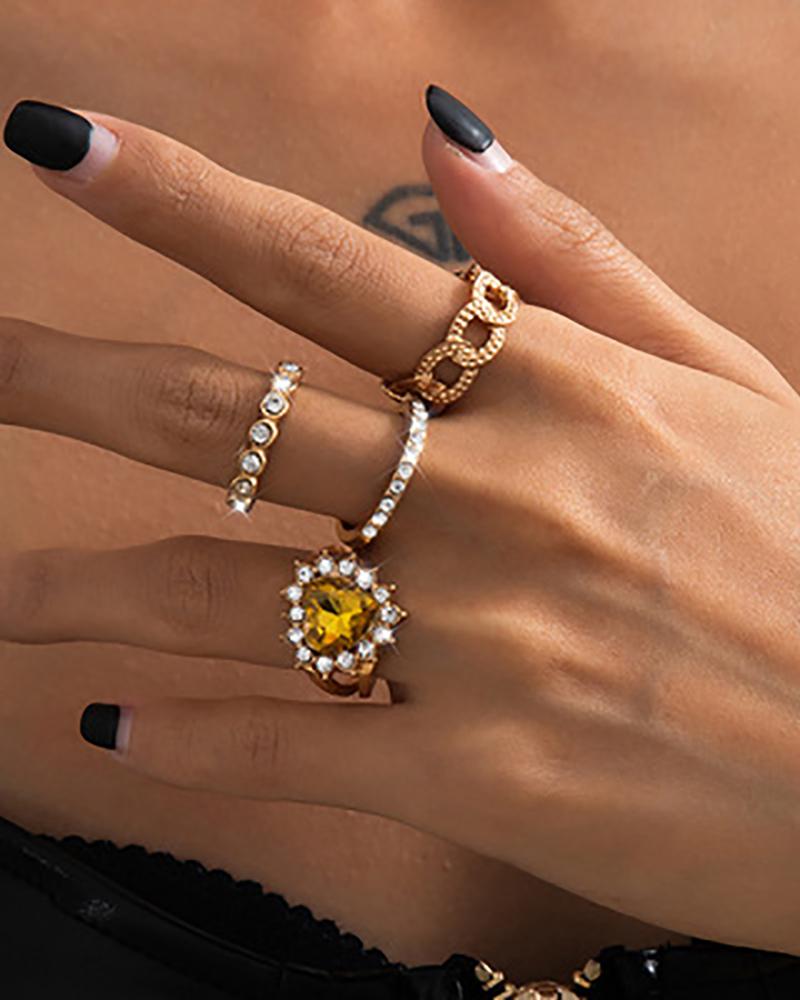 

Rhinestone Heart Shaped Studded Rings Set, Style1