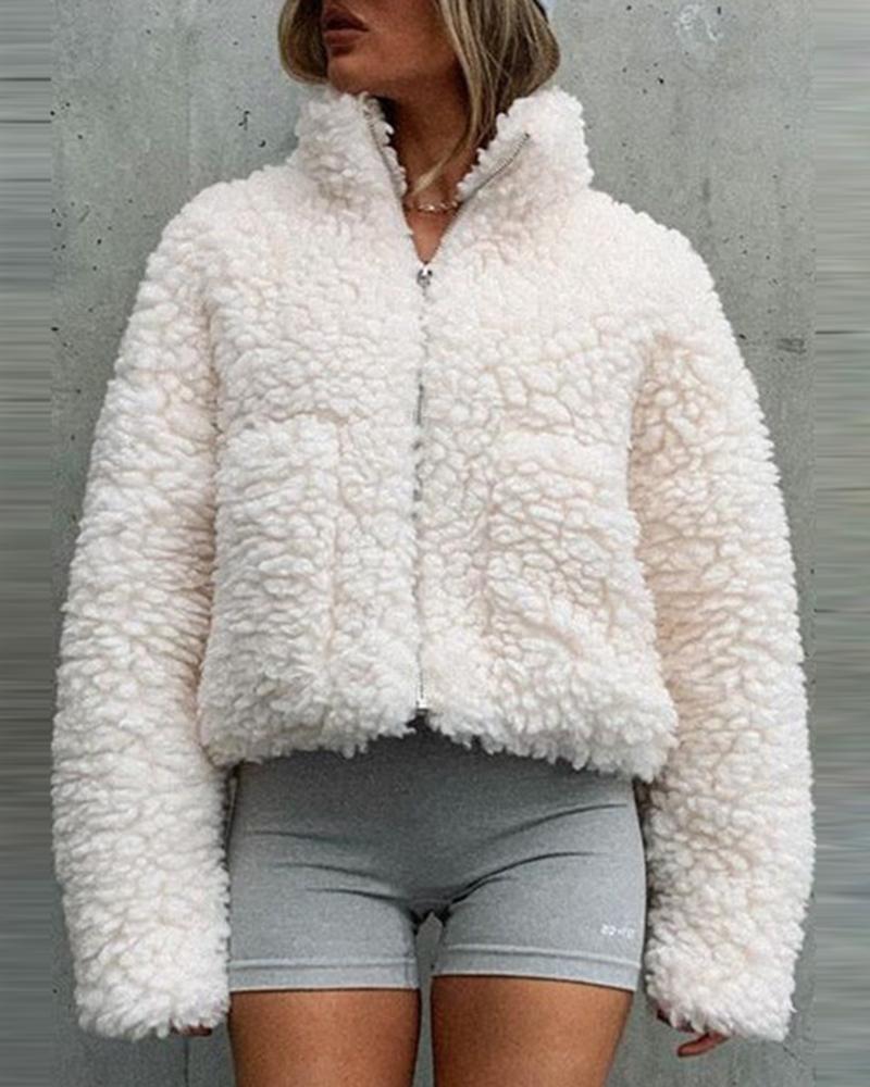 

Zipper Pocket Design Fleece Coat, White