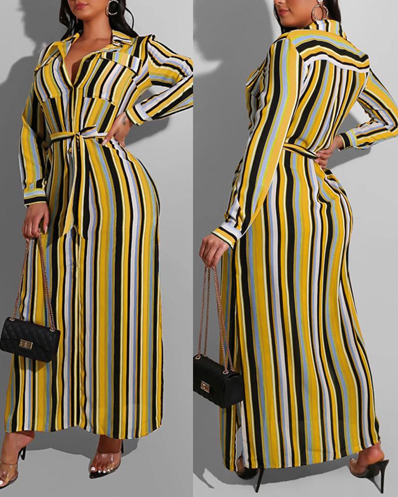 

Plus Size Striped Print Button Down Shirt Dress, Yellow