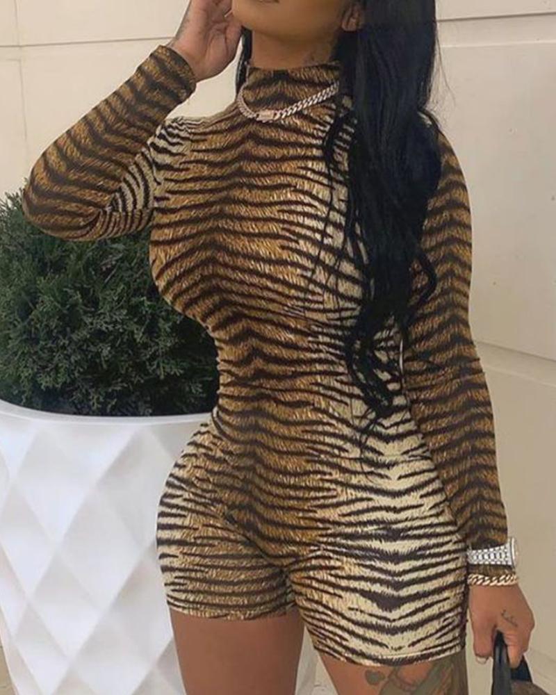 

Tiger Print Long Sleeve Skinny Romper, Leopard