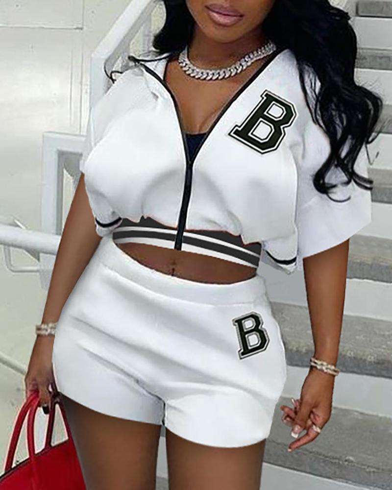 

Letter Print Zipper Decor Crop Top & Shorts Set, White