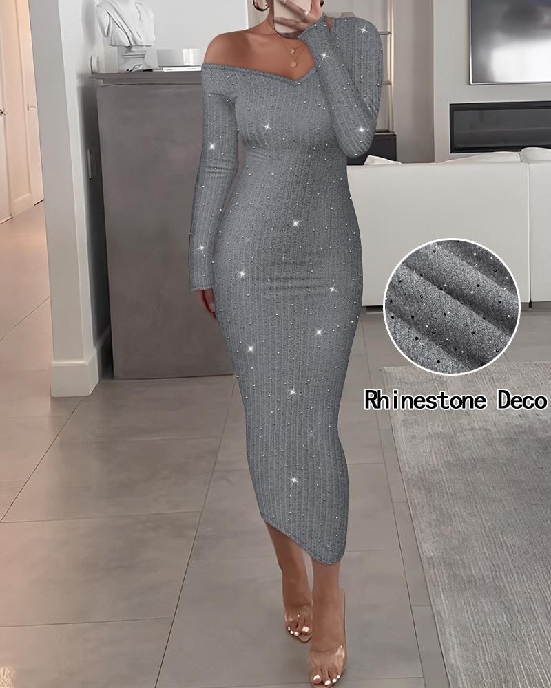 

Robe moulante côtelée à manches longues et col en V avec strass, Gray