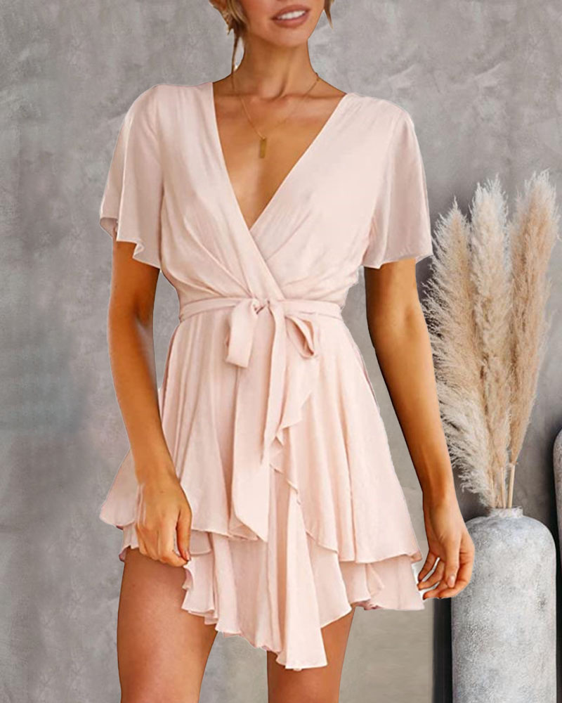 

Overlap Collar Ruffle Hem Belted Casual Dress, Pink