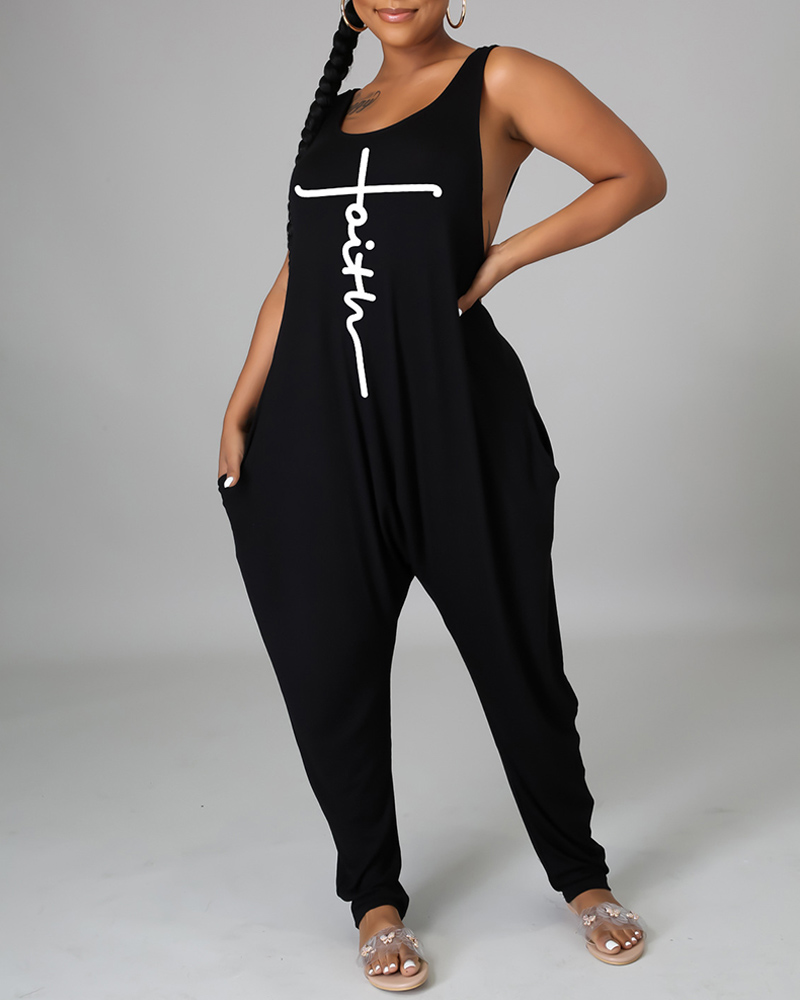 

Letter Print Pocket Detail Sleeveless Jumpsuit, Black