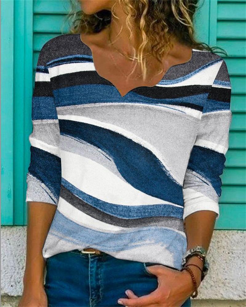 

Colorblock Scallop Trim V-Neck Long Sleeve Top, Blue