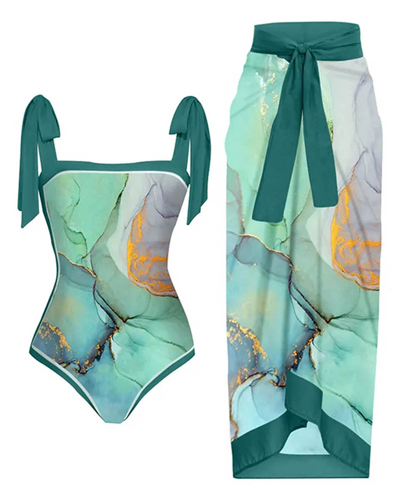 

Marble Print One Piece Swimsuit With Cover Up Skirt, Green