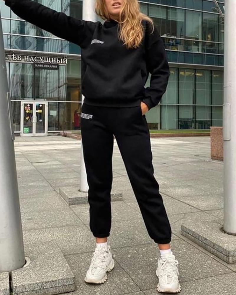 

Letter Print Long Sleeve Hooded Top & Pocket Design Pants Set, Black