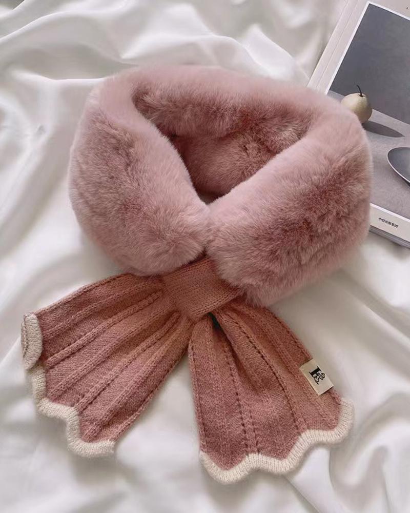 

1pc Colorblock Warm Soft Fuzzy Wrap Around Loophole Scarf, Pink