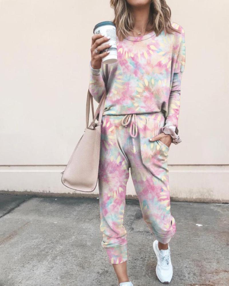 

Tie Dye Print Top & Drawstring Pants Set, Pink