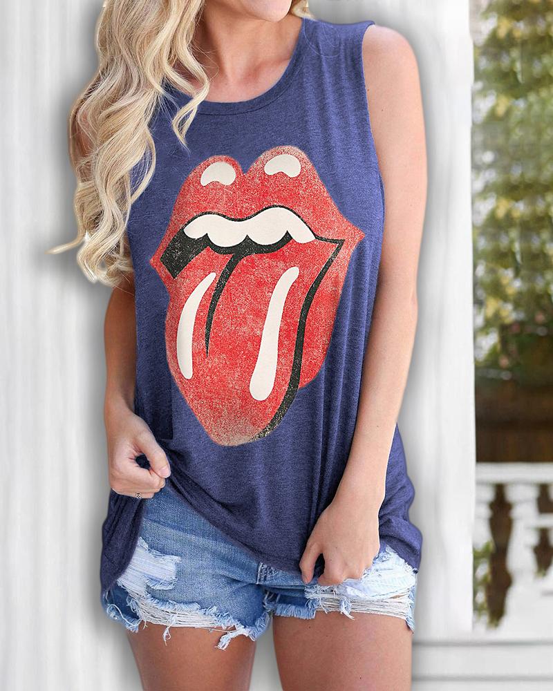 

Lip Print Casual Tank Women Top, Blue