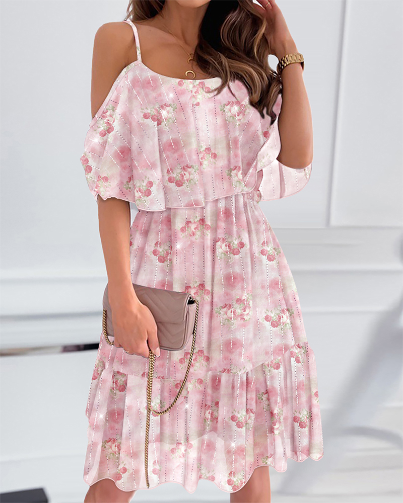 

Glitter Lurex Floral Print Cold Shoulder Spaghetti Strap Ruffles Layered Dress Sweet Dress, Pink