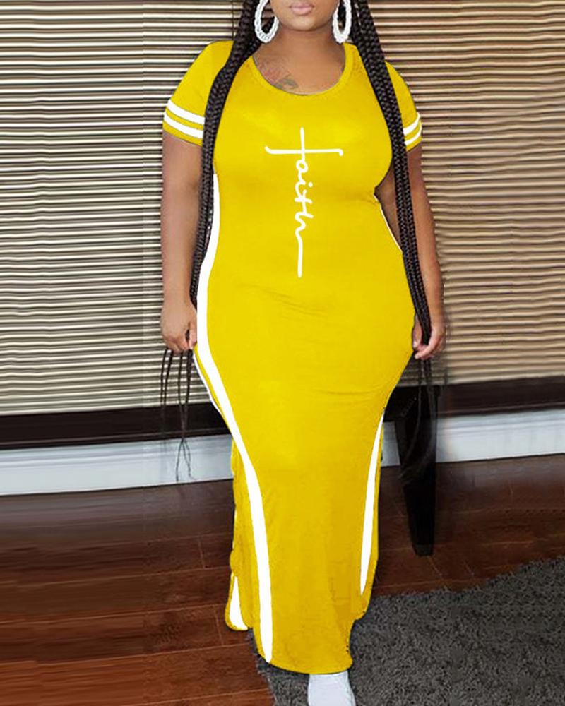 

Plus Size Striped Letter Print Slit Maxi Dress, Yellow