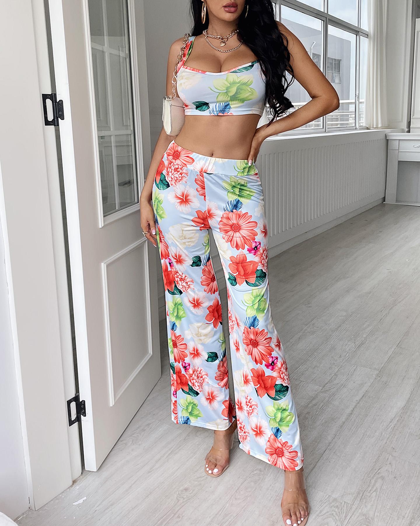 

Floral Leaf Print Crop Top & High Waist Wide Leg Pants Set, Blue