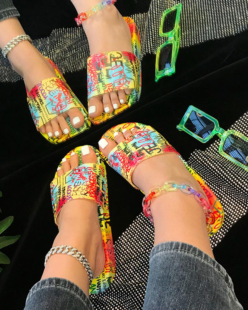 

Round-toe Multicolor Letter Print Platform Slippers