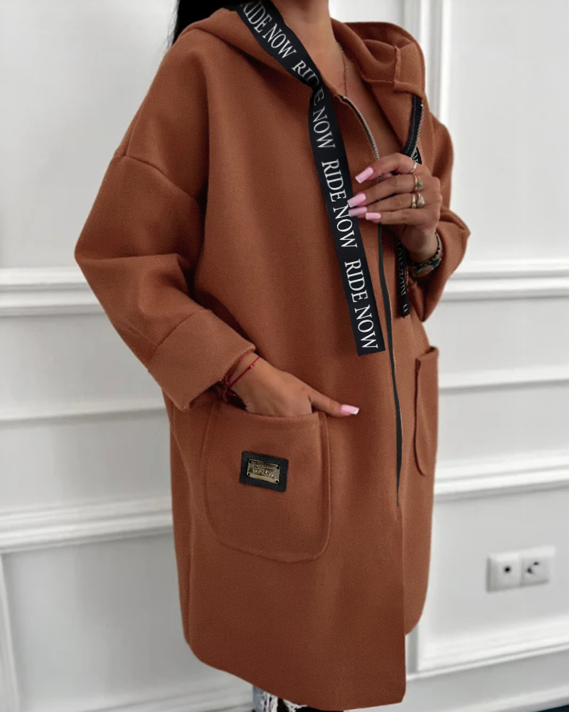

Chaqueta con capucha y ribete de cinta con letras, diseño de bolsillo con cremallera, abrigo informal de longitud media, Brown