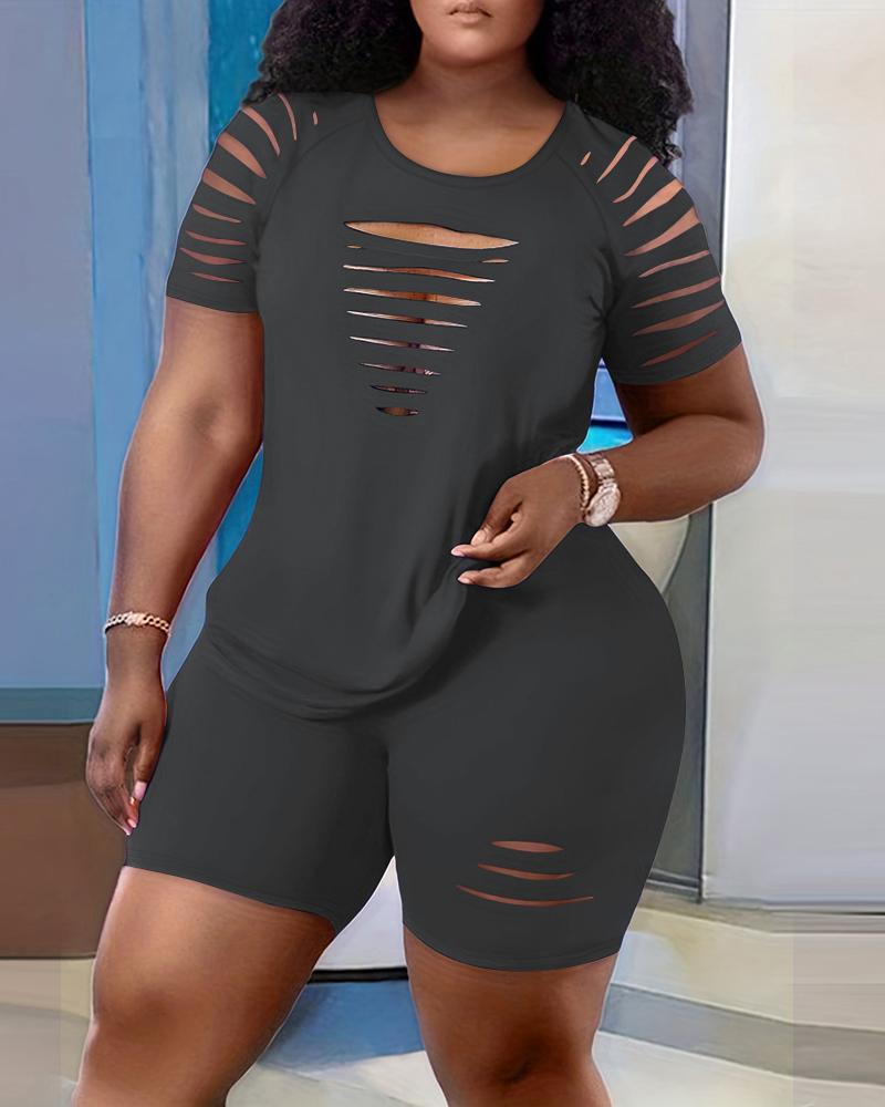 

Plus Size Ladder Cutout Top & High Waist Shorts Set, Dark grey