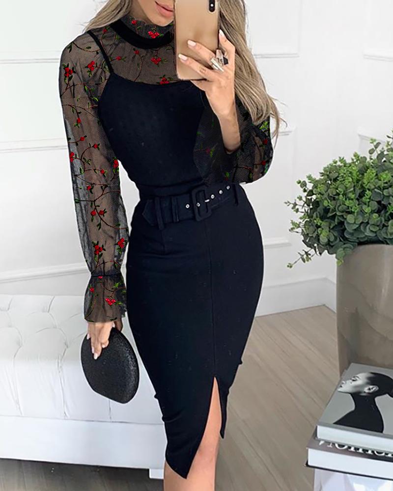 

Floral Embroidery Sheer Mesh Belted Bodycon Dress, Black