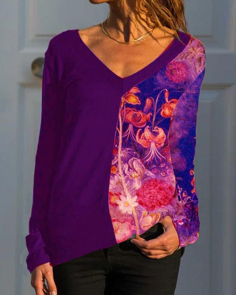 

Plus Size Floral Print Long Sleeve Top, Purple