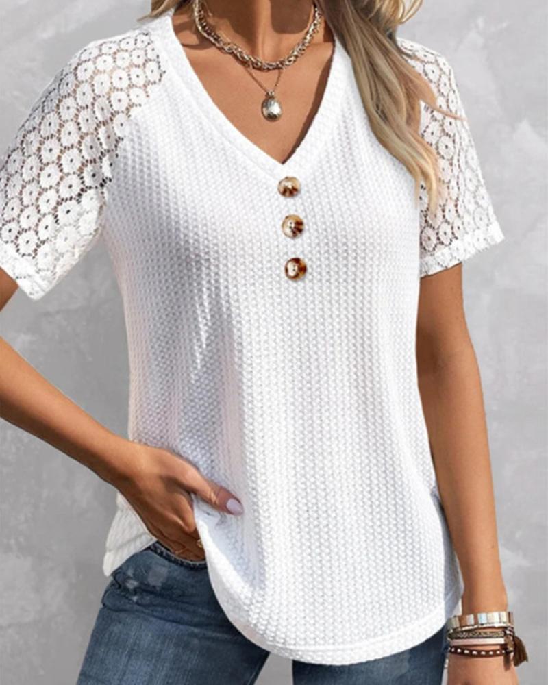 

Lace Patch Buttoned V-Neck Blouse, White