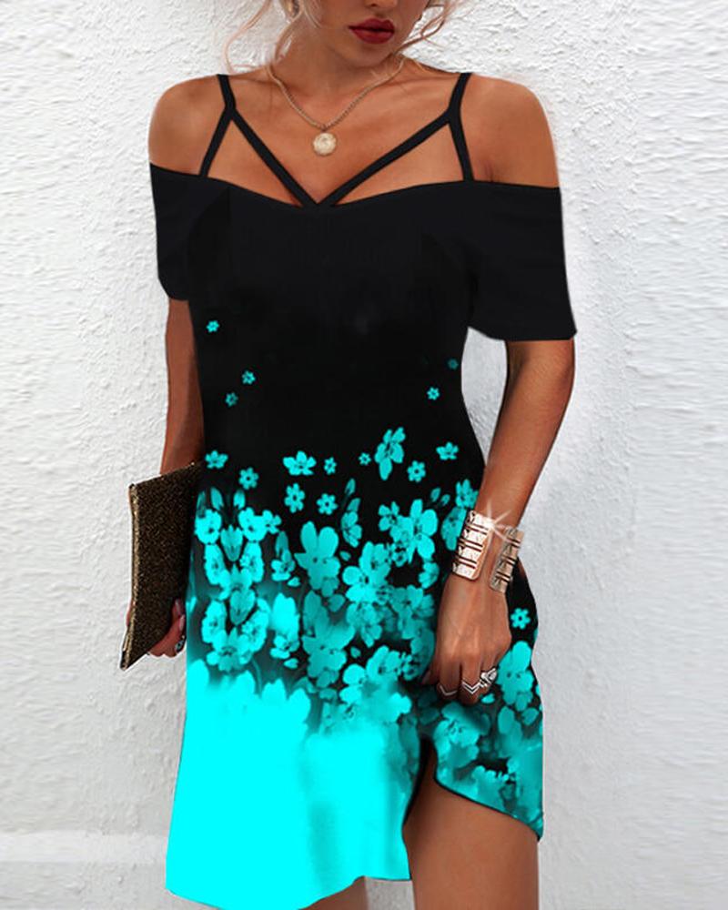 

Floral Print Cold Shoulder Casual Dress, Blue