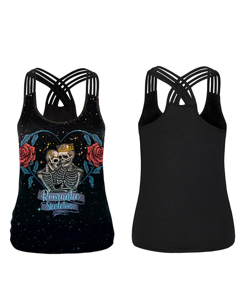 

Halloween Graphic Skeleton Print Multi Strap Tank Top, Black