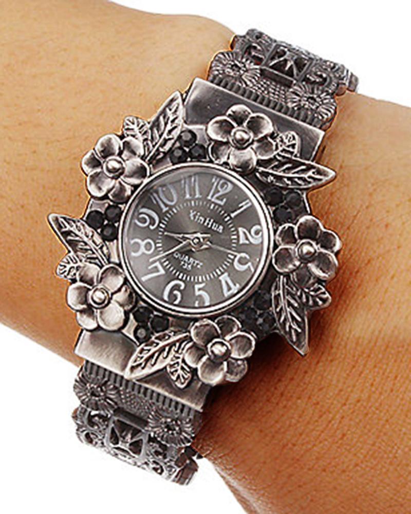 

Floral Pattern Vintage Creatively Bangle Watch, Black