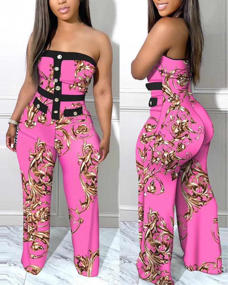 

Baroque Print Button Decor Tube Jumpsuit, Hot pink