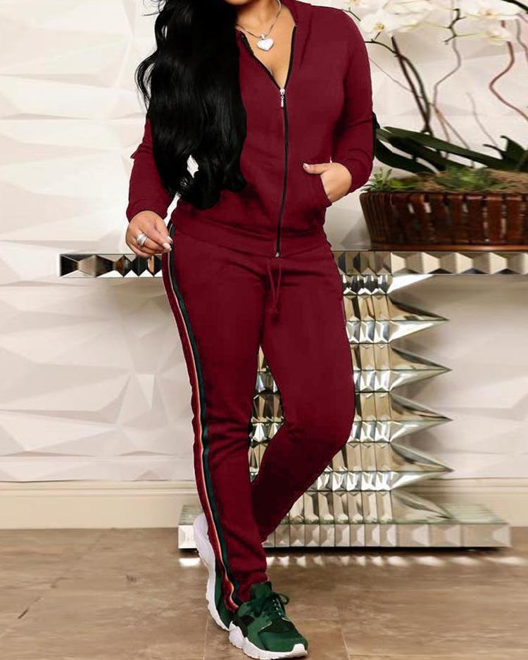 

Striped Tape Hooded Zipper Jacket & Pants Sets, Red