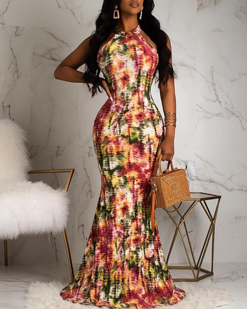 

Tie Dye Print Cutout Waist Sleeveless Maxi Dress, Wine red