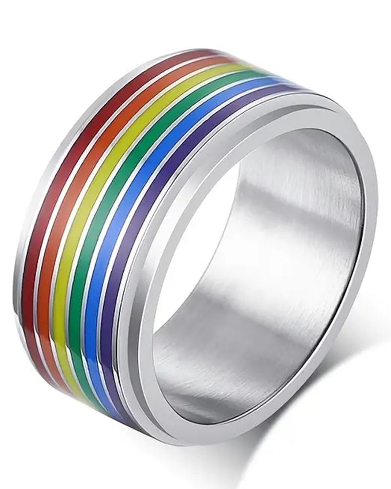 

1pc Rainbow Stripe Pride Month Wide Ring, Silver