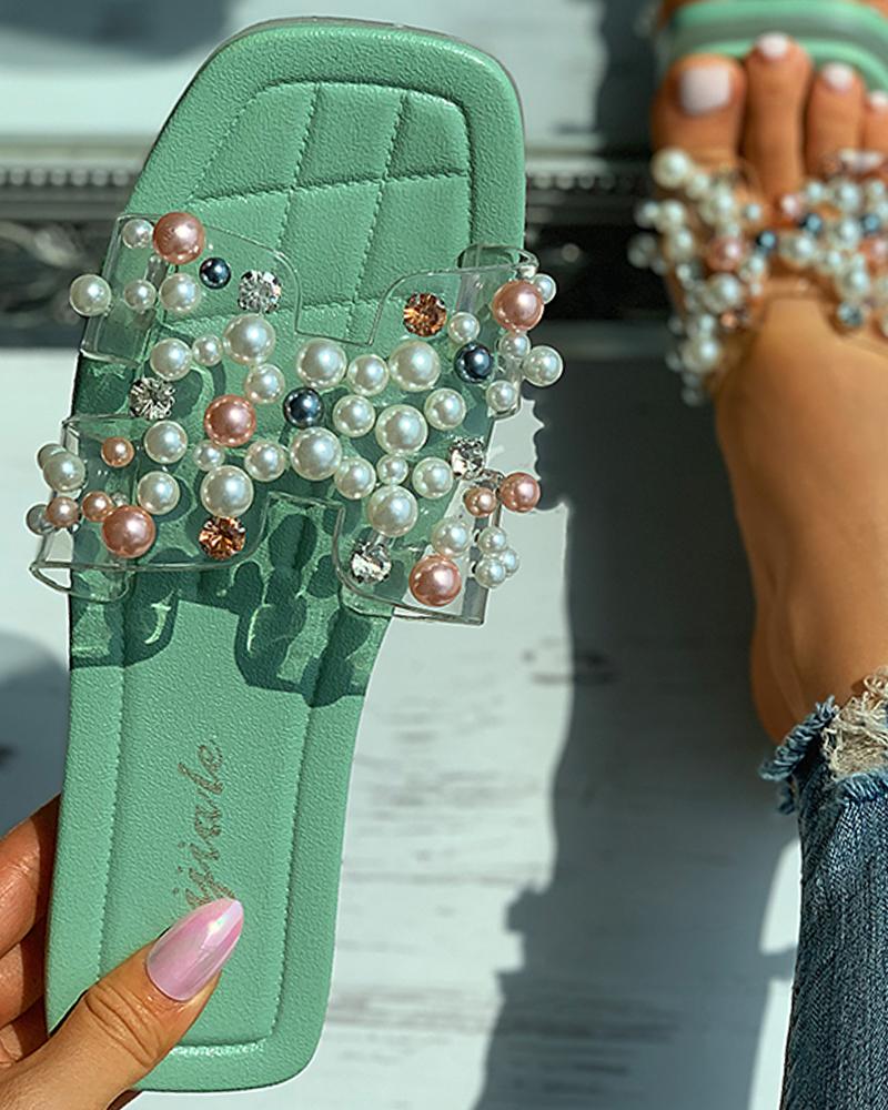 

Beaded Clear Perspex Square Toe Slide Sandals, Green