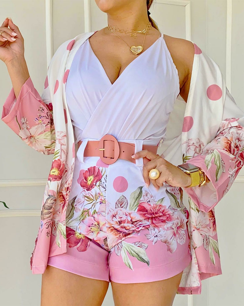 

3PCS Cami Top & Floral Print Shorts Set With Blouse, Pink