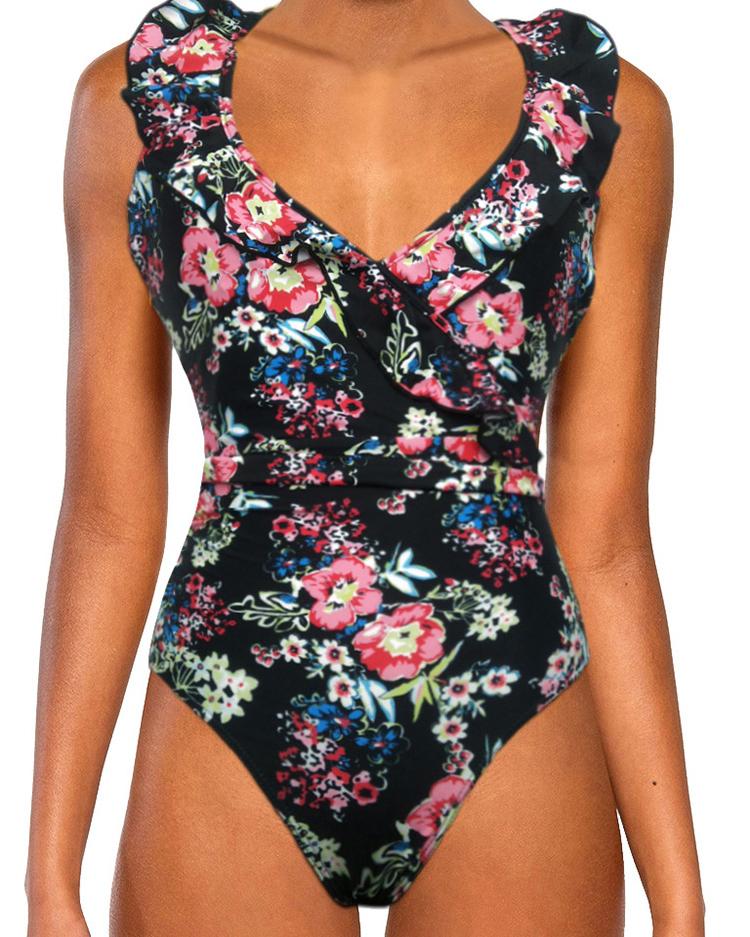 

Floral Print Flounced One-Piece Swimsuit, Black