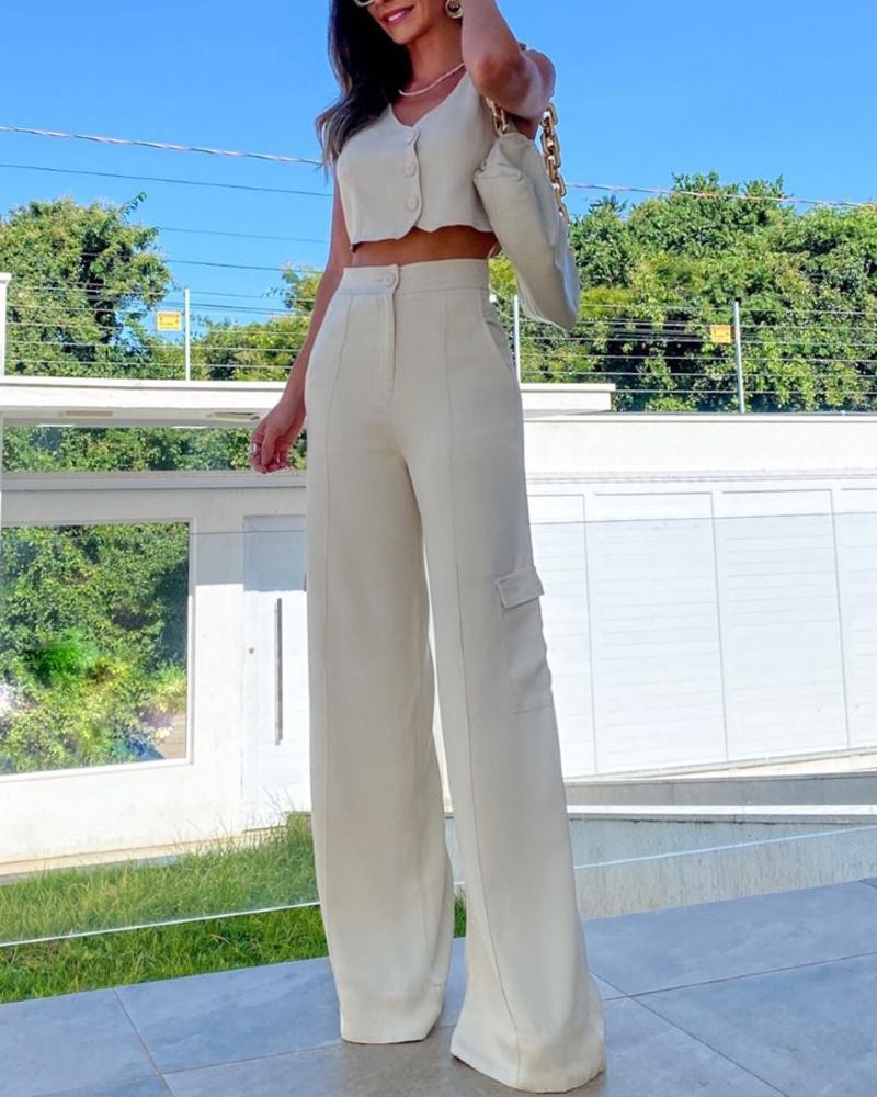 

V-Neck Buttoned Crop Top & High Waist Pants Set, Apricot