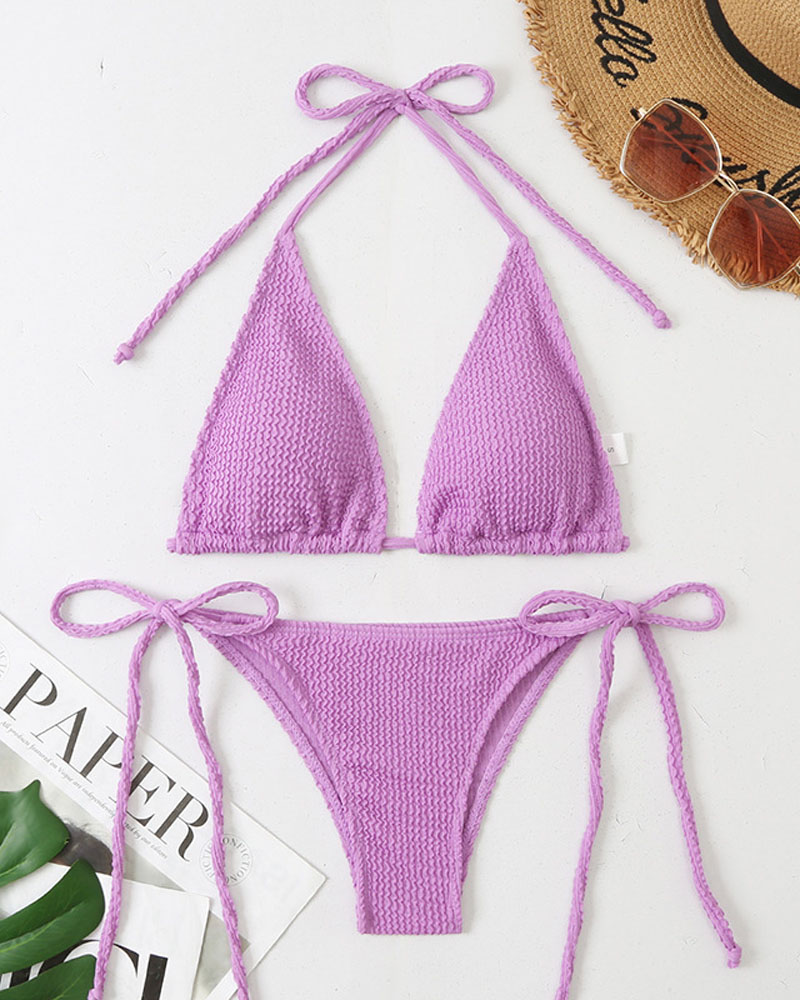 

Textured Tied Detail Halter Bikini Set, Purple