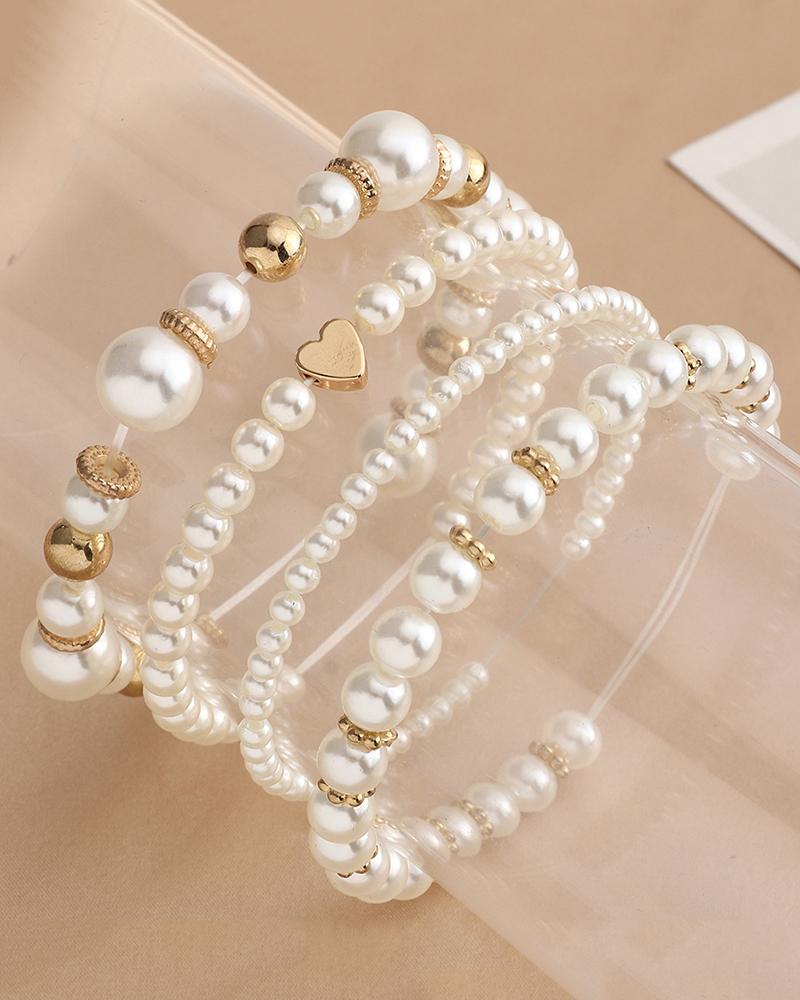 

4pcs Beaded Heart Pattern Pearls Bracelet, White