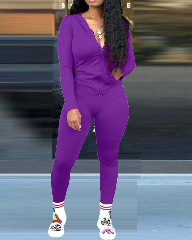 

Long Sleeve Zip Up Hooded Top & Pants Set, Purple