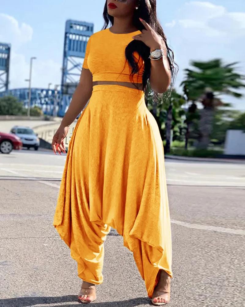 

Plain Crop Top & Asymmetrical Harem Pants Set, Yellow