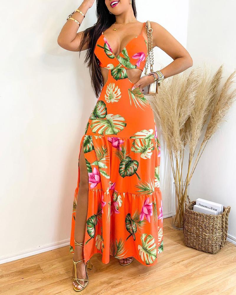 

Tropical Print Backless Split Thigh Maxi Dress, Orange
