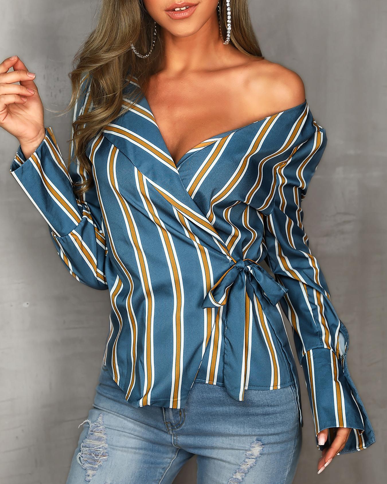 

Long Sleeve Tie Side Striped Irregular Women Blouse, Blue