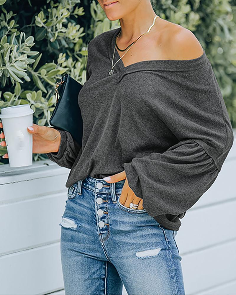 

V Neck Lantern Sleeve Ruched Top, Gray