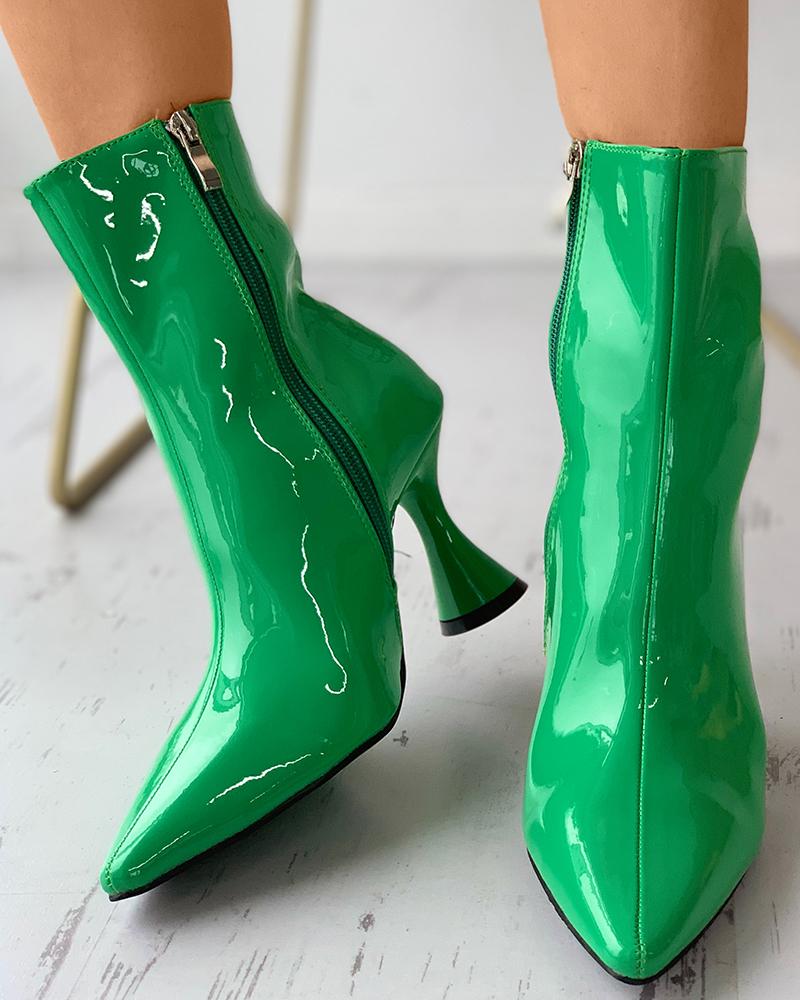 

Zipper Design Pointed Toe Pyramid Heeled Boots, Green