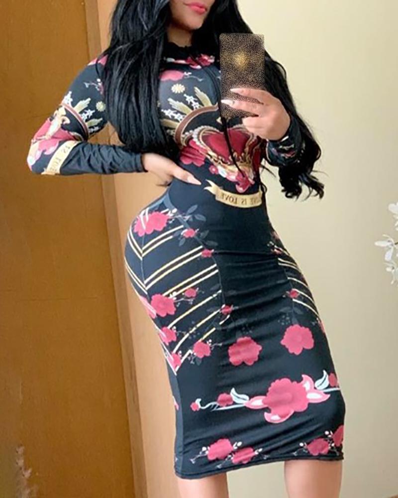 

Floral Print Zipper Detail Bodycon Dress, Black