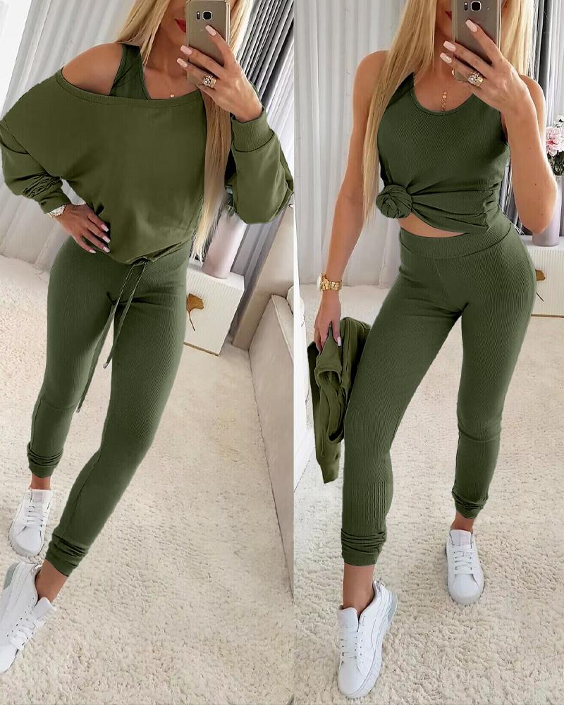 

3PCS/Set Ribbed Tank Top & Skinny Pants With Skew Neck Drawstring Hem Top, Army green